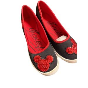 Mickey Mouse Sequins Canvas Wedge Women Black Red Cute Casual Shoes size 6